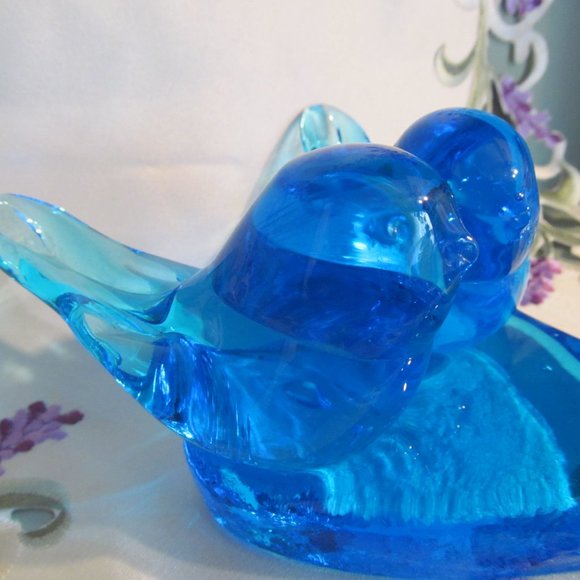 Vtg Blue Glass Double Bluebird of Happiness Bluebirds on Heart Leo Ward 1991 - Picture 1 of 16